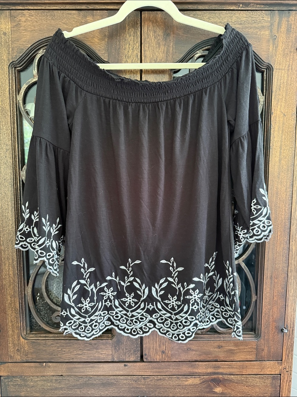 White House Black Market Off-Shoulder Black Embroidered Women’s Top